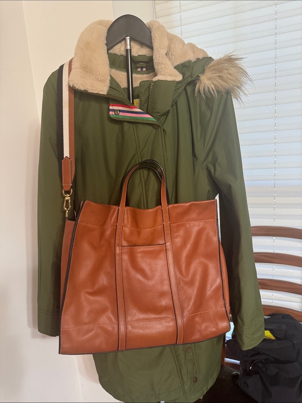 Fossil Brown Leather Tote with Removable Striped Strap
